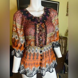 Ladies Fall sheer pleated ruffle billowy blouse boho cottage chic